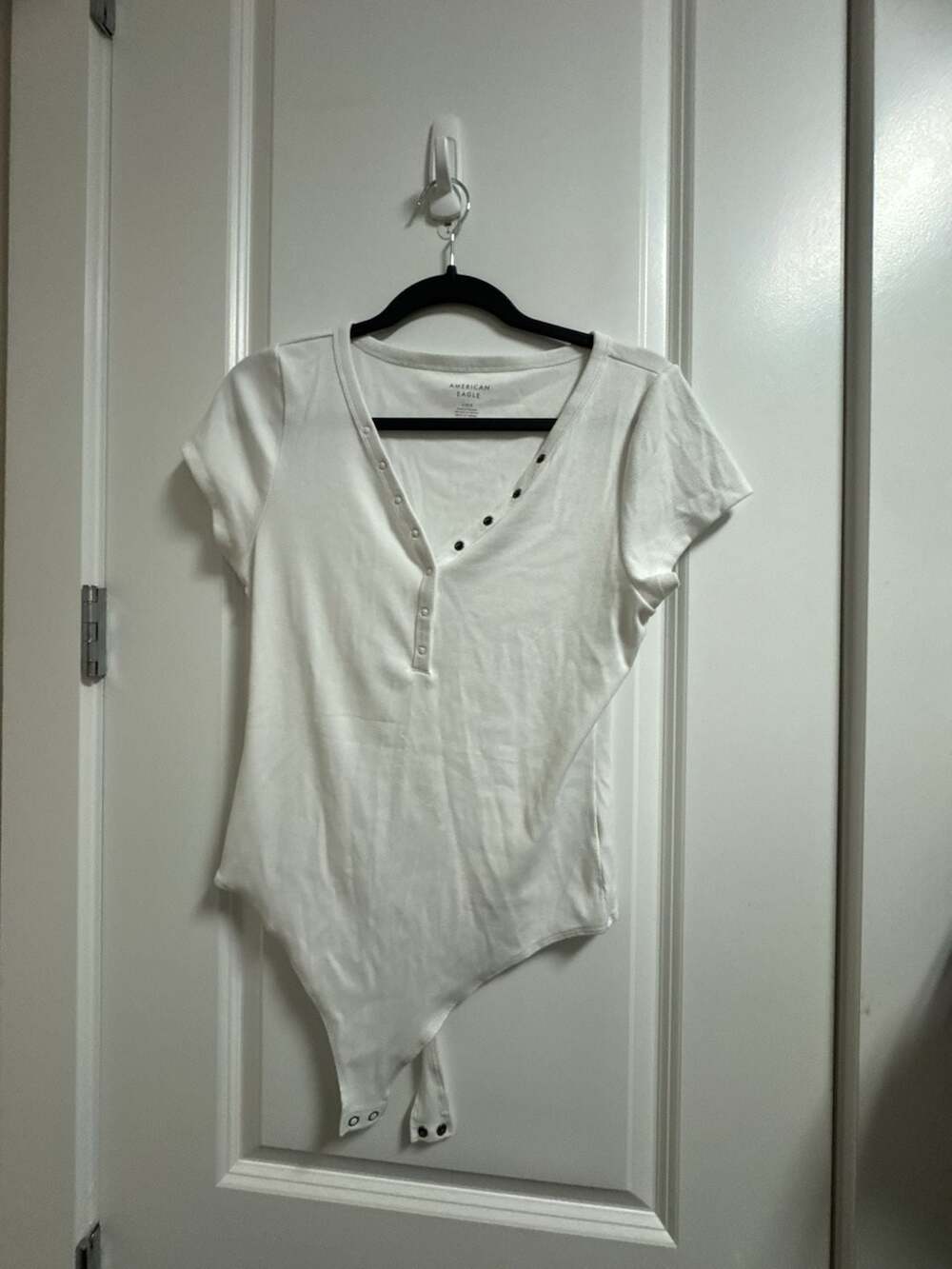American Eagle womens Henley Bodysuit Size L White Ribbed Short Sleeve